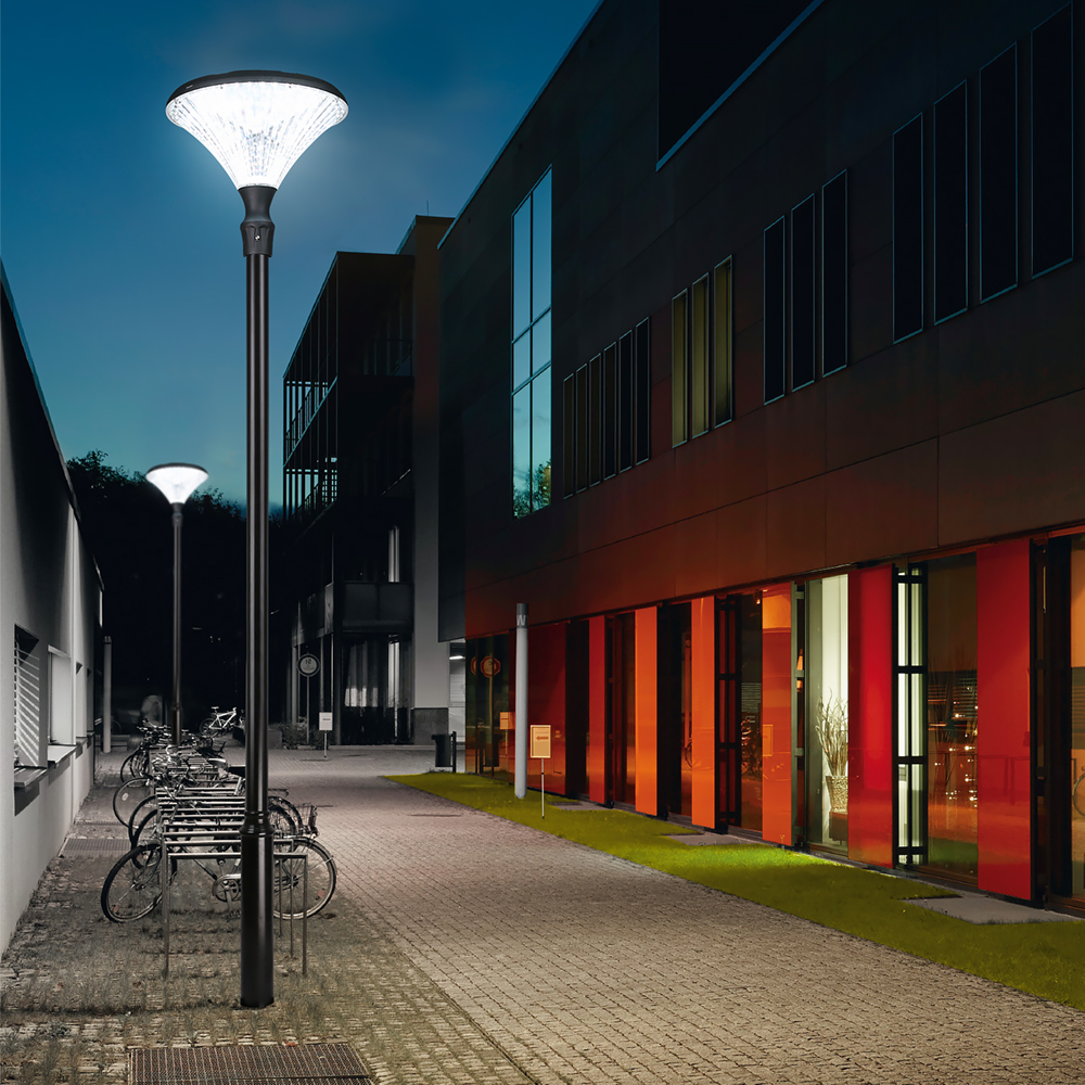 YMG solar garden lights illuminating a contemporary commercial walkway