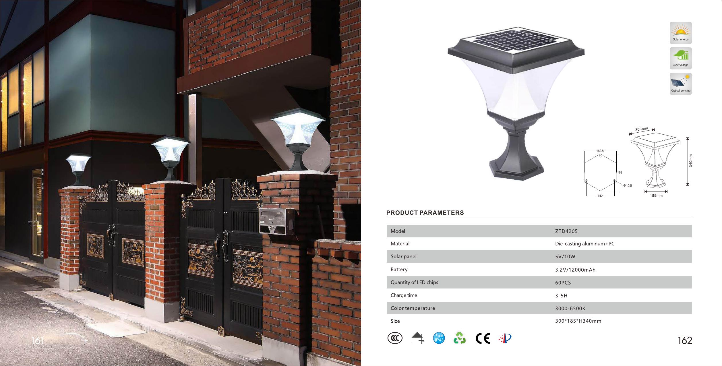 YMG brochure spread with product, drawing and specification table