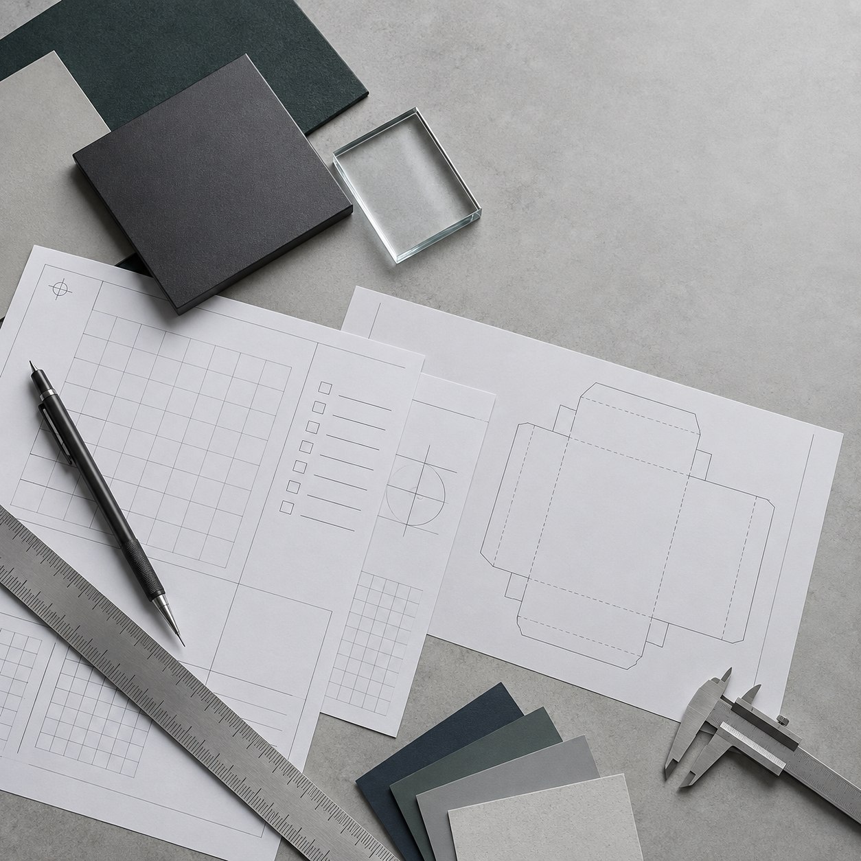 Conceptual product-review workbench with specification sheets, material samples, packaging dieline and measurement tools