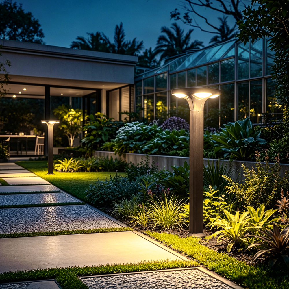 Modern lawn lights in a high-end landscaped property