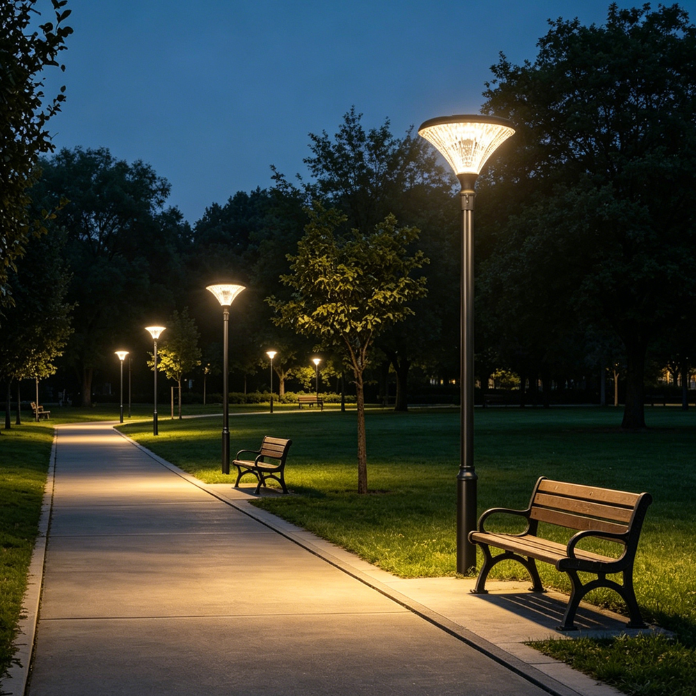 Garden lights illuminating a landscaped outdoor area