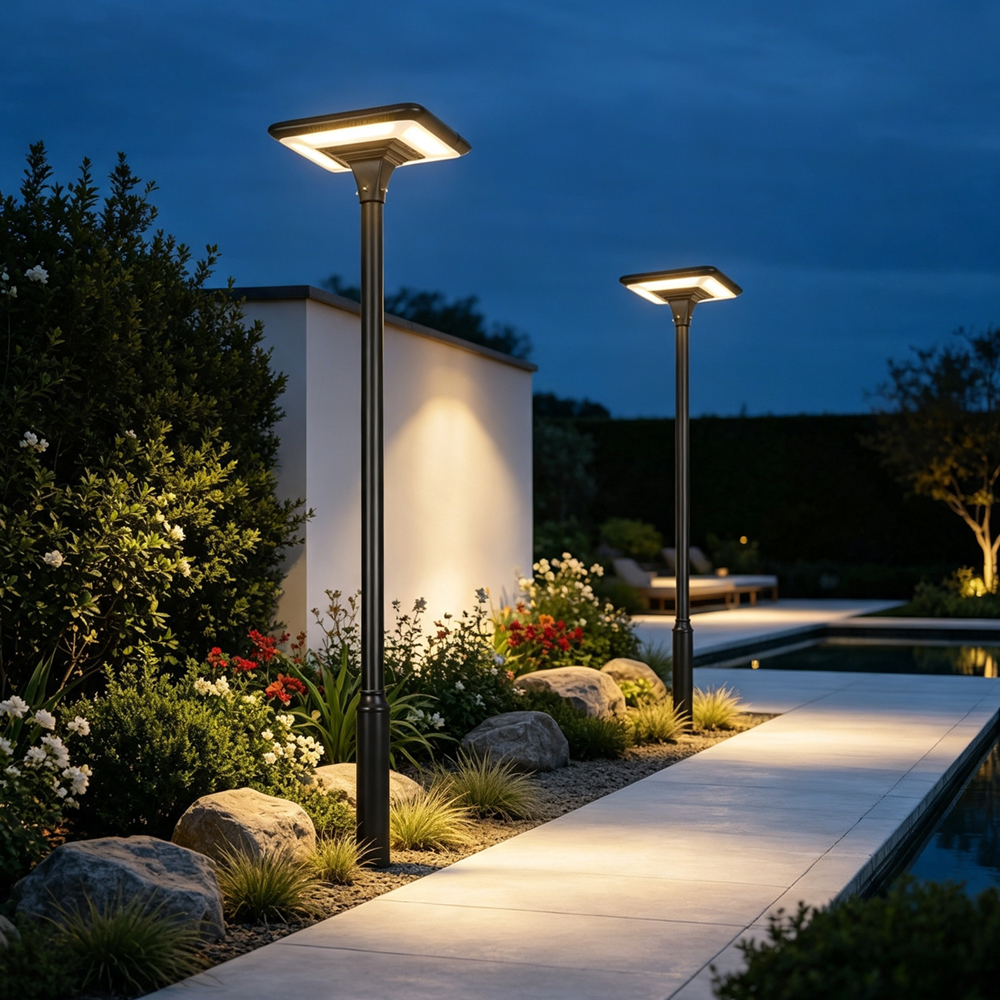 TYD2505 garden lights beside a pool and planted path