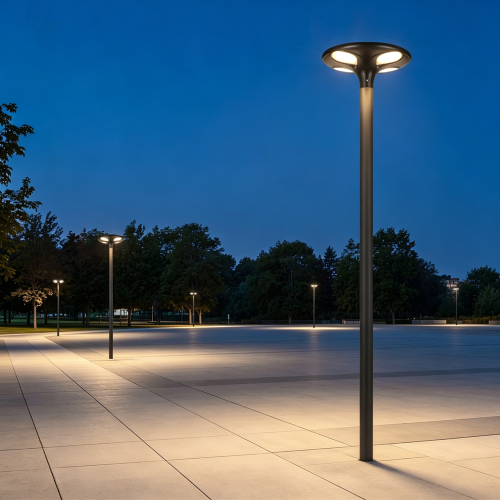 Pole-mounted outdoor lighting in an open public plaza