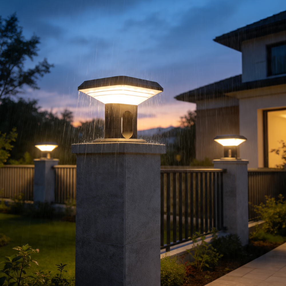 ZTD1201 solar pillar lights installed on a modern boundary