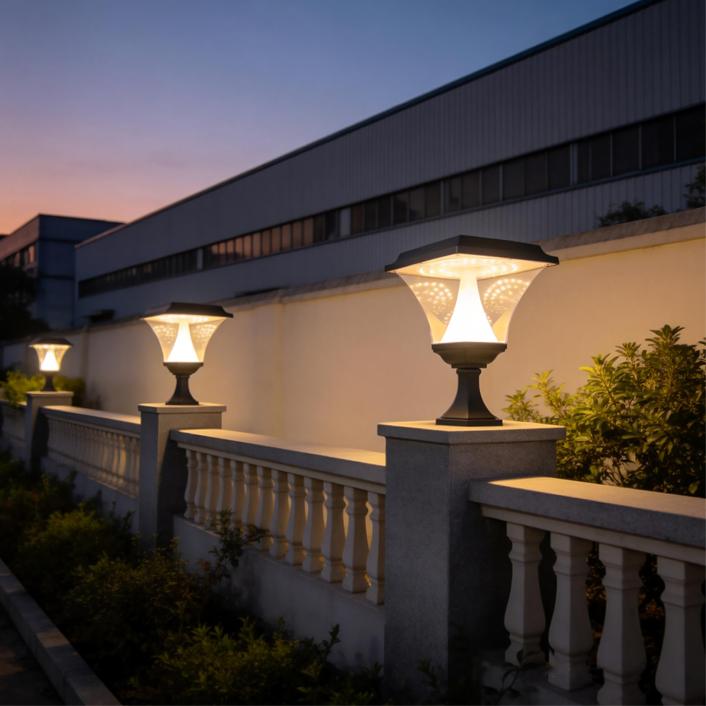 YMG pillar lights illuminating a residential boundary at dusk